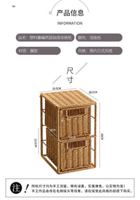 Kens手工仿藤编桌面抽屉式整理柜分格置物架卧室口红化妆品收纳盒 浅咖色大号二层【三抽屉】