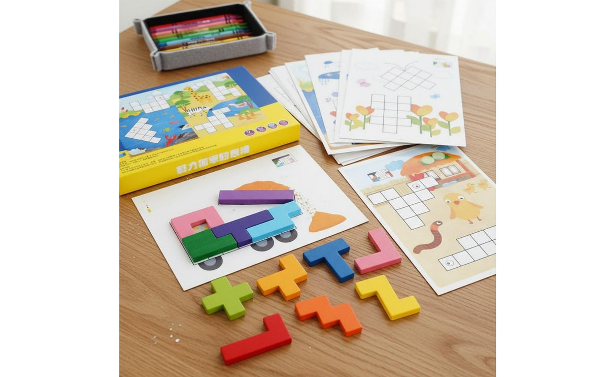 Wooden Five-Square Block Brainteaser with Printed Task Cards