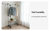 Rolling Double-Bar Clothes Rack Extensible Rod Drying Stand Easy to Assemble