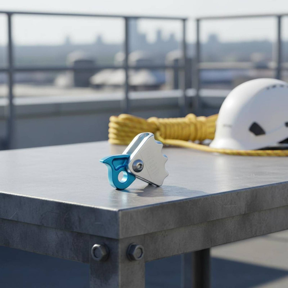 Compact Self-Locking Rope Grab Hand-Operated Climbing Fall Arrester Blue Metal Rope Grab Large Attachment Hole for High-Altitude Work