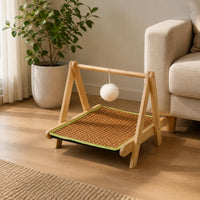Solid Wood Rattan Feline Bed T-Shaped Stand Wooden Feline Bed Suspended Platform Pet Furniture Fluffy Ball Toy