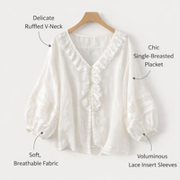 Lace Top Blouse for Ladies with Long Puff Sleeves and V-Neck Design, Wrinkle-Resistant Ramie Blend for Business Casual and Office, Summer