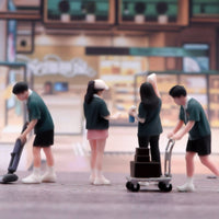 4 Pieces Miniature Convenience Store 3D Scene Printed 1:64 Scale Figures Hand-Painted Resin Figures with Rolling Cart for Model Collectors