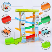 Kids Wooden Race Track Car Ramp Toy with Visual Tracking Parking Lot, Multi-Layer Slide Early Education Puzzle