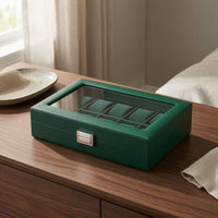 Green Leather 10-Slot Watch Box Padded Compartments 10-Slot Watch Organizer Velvet-Lined