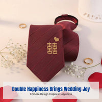 Red Double Happiness Tie, Men's No-Knot, Wedding Groom, Festive Bird Design, Formal Wear