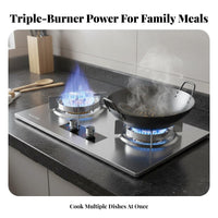 High Power 3 Burner Gas Cooktop Multi-Level Fire Control Flip-up Burner Cooktop Instant Ignition Built-in Gas Hob out Protection for Home Cooks, Homeowners, Apartment Dwellers