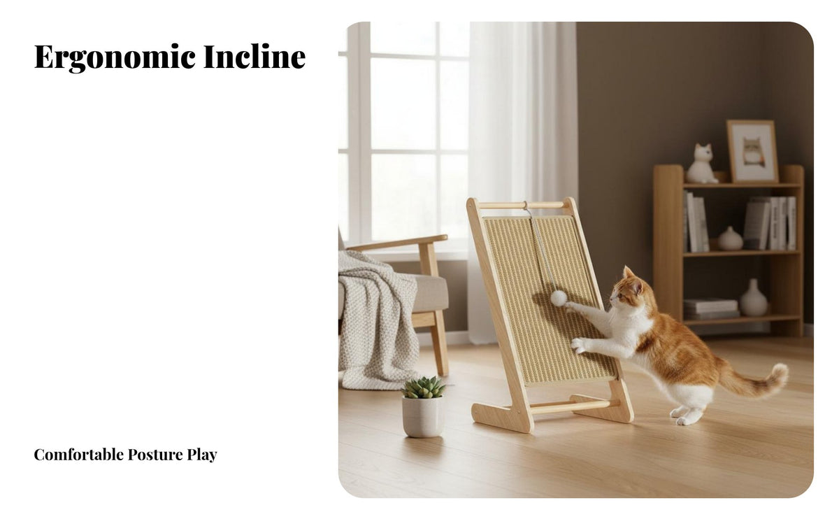 Solid Wood Frame Sisal Cat Scratcher with Toy Balls Low-Shedding Sisal Scratching Post with Toy Multi-Functional Design Wooden Cat Scratching Board Built-in Interactive Toys for Indoor Cats, Kittens