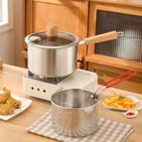 French Fries Deep Fryer with Frying Basket and Pan Lid, 2.5L Capacity Stainless Steel Pot with Wood Handle, 304 Stainless Steel Milk Pan