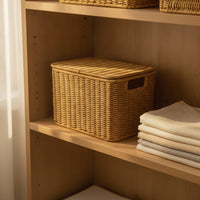 Wicker Storage Basket with Lid Rectangular Woven Basket with Lid Handwoven Lidded Storage Container for Students, Closet, Bedroom, Dorm Room
