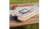 Built-in Compartments Bamboo Serving Tray with Lid Easy-Snap Locking System Divided Food Tray with Handles Food-Safe Safe Reversible Compartment Platter for Party Hosts, Picnic, Potluck