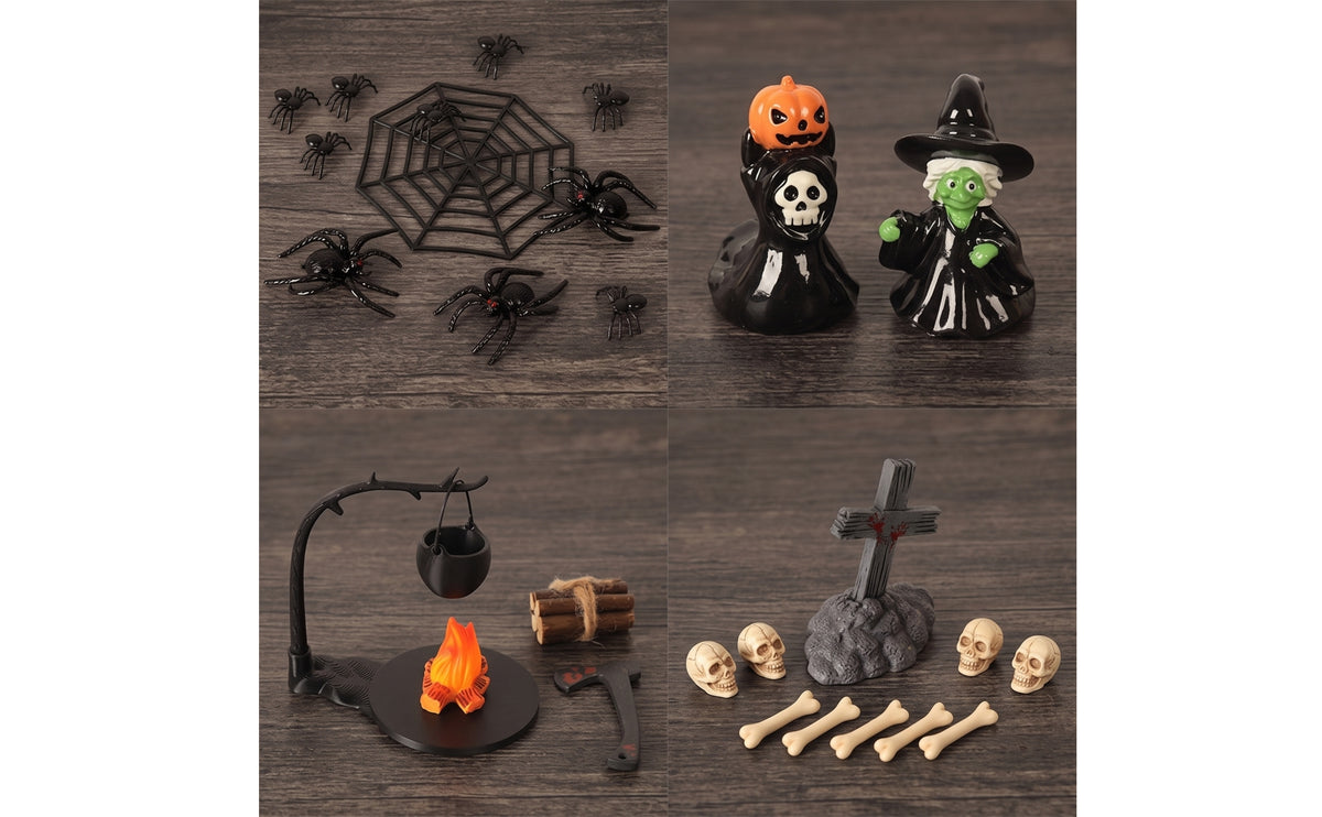 21 Pieces Halloween Tabletop Decoration Assortment Spooky Bubbling Pot Stand with Flame Highlight Creepy Spiderweb Frame with Arachnids