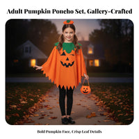 Irregular Hem Pumpkin Costume with Headpiece Festive Jack-O'-Lantern Poncho Spooky Pumpkin Cape Cute for Adults, Kids, Families, Trick-or-Treating, Stage Performances