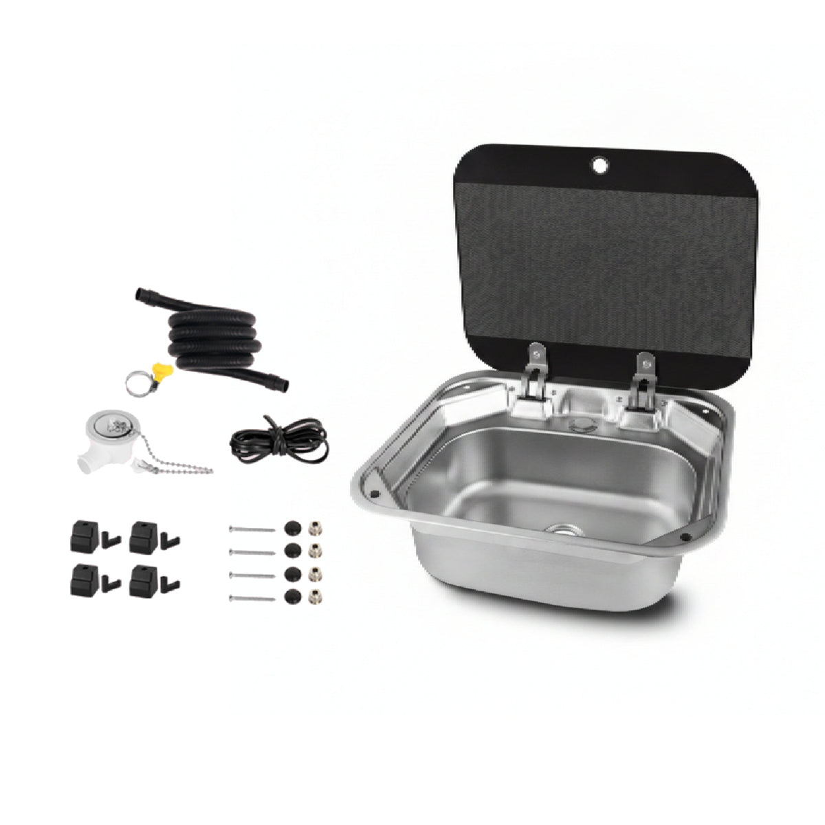 Rv Sink with Glass Lid Compact Wash Basin Easy-Clean for Travel Trailer, Caravan