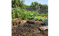 Manganese Steel Deep Tiller Tool Curved Tines Long Handled Digging Fork Reinforced Welded Frame Heavy Duty Garden Digging Implement Red Grip Handle