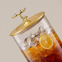 Glass Water Dispenser with Deer Lid, Juice Dispenser on Wood Stand, Beer Dispenser with Stainless Steel Spigot, Round Drink Dispenser Home Bar
