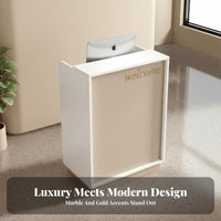 Small Reception Desk Minimalist Front Desk Modern Cashier Stand Sturdy Particleboard Structure with Ample Storage Suitable for Shop Salon Lobby Office