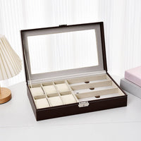 Watch and Glasses Storage Box Soft Cushioned Slots 6 Slot Watch Display Case Clear View Lid PU Leather Jewelry Organizer for Closet