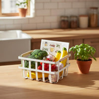 Multi-Purpose Wire Basket with Wood Handles Wrought Iron Construction Metal Pantry Bin Hollow-Carved Design White Organizer Holder for Kitchen, Bathroom