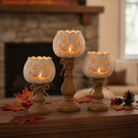 3 Pieces Festive Pumpkin Tealight Holder with Pedestal Decorative Jack-O'-Lantern Tealight Holder Spooky Decor Cozy for Mantel