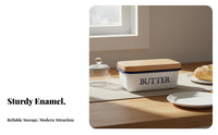 Enamel Butter Dish Dishwasher Butter Keeper with Wood Lid Kitchenware for Cooks, Hosts, Kitchen Countertop, Refrigerator, Dining Table