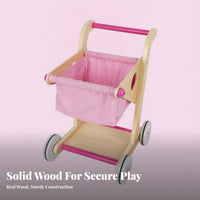 Four Wheels Wooden Shopping Cart Open Design Pretend Grocery Cart for Toddlers, Walking Practice