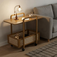On Wheels Rattan Design Tea Trolley Space Saving Wheeled Storage Trolley Easy Assembly 2-Tier Rolling Cart Sturdy Construction for Bedroom, Office