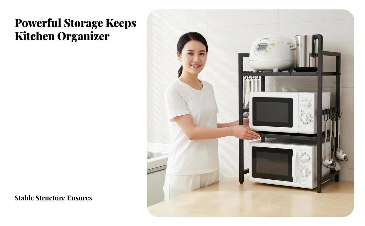 Space-Saving Extendable Microwave Rack Sturdy Expandable Microwave Stand Heavy Duty 2-Tier Countertop Oven Shelf Anti-Rust for Homeowners, Renters, Students, Small Areas, Dorm Room, Pantry