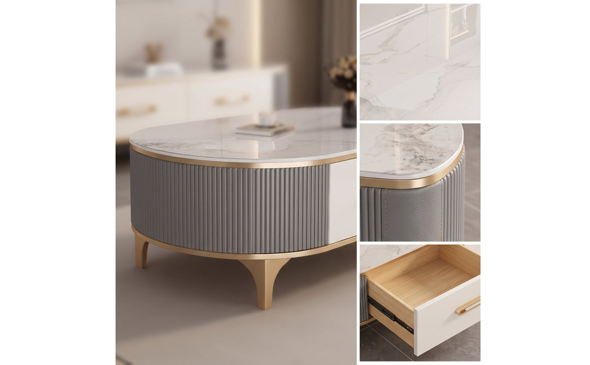 Oval-Shaped Coffee Table Table Modern Coffee Table with Storage Drawer Ribbed Furniture for Living Room, Apartment