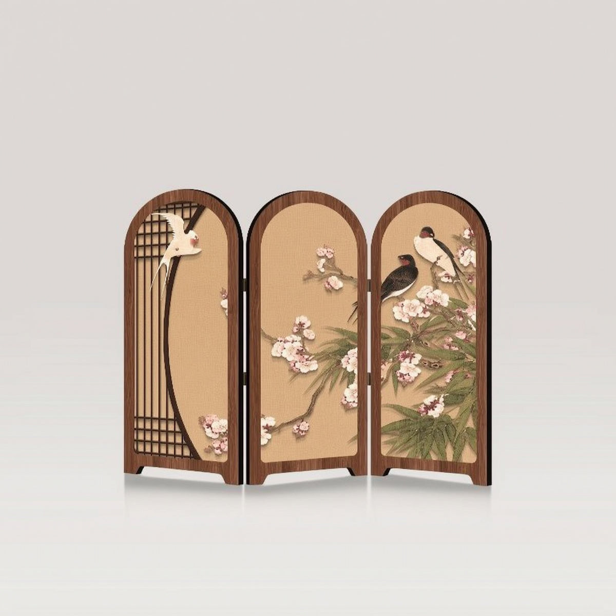 Desktop Folding Screen Chinese Style Mini Folding Screen with Base Decor Floral-and-Bird-Bird Traditional for Homeowners, Desk