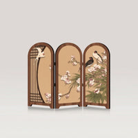 Desktop Folding Screen Chinese Style Mini Folding Screen with Base Decor Floral-and-Bird-Bird Traditional for Homeowners, Desk