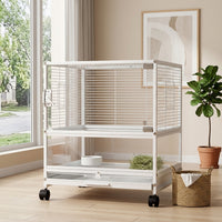 Stackable Bird Cage with Wheels, 2-Tier Metal Large Parrot Cage, Easy to Clean Panoramic Transparent Habitat for Universal Bird Species, 2 Doors