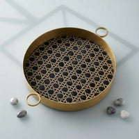 Antique Bronze Round Decorative Tray Raised Rim Woven Tray Side Handles House Decoration Geometric Pattern