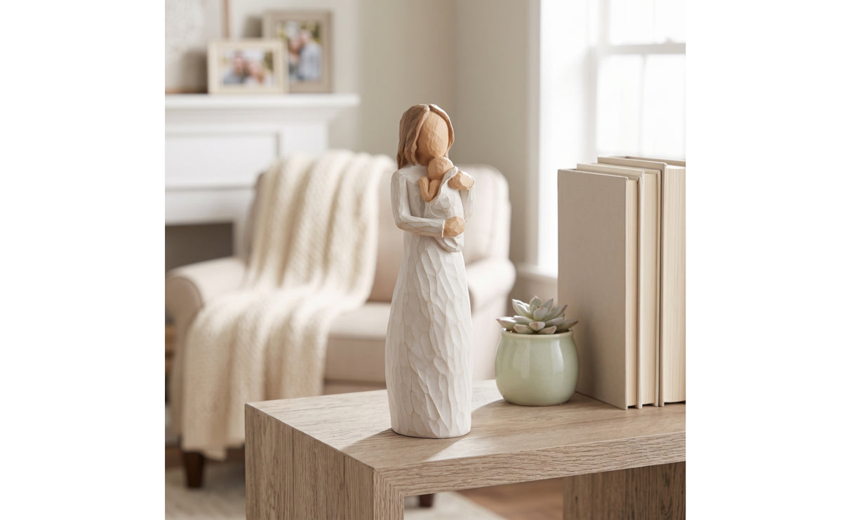 Family Parent and Child Figurine Carved-Wood-Look Parent Child Figurine with Boy Handmade Father Son Sculpture Matte for Parents, Mothers, Nursery, Mantel, Bookshelf