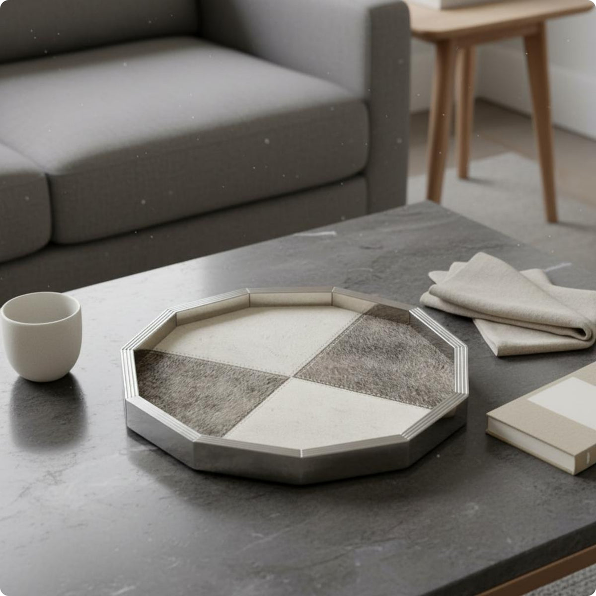 Horsehair Tray Modern Luxury Style Decorative Metal Tray Stainless Steel Frame Home Decor for Tea Table, Living Room