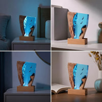 Ocean-Inspired Epoxy Night Light with Wood Base Aquatic Epoxy Resin Night Light Faceted Resin Wood Lamp Irregular for Shelf