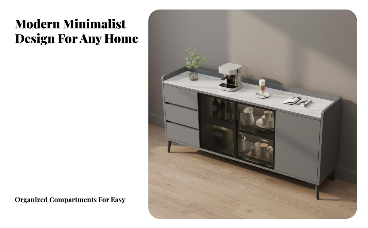 Modern Minimalist Design Sintered Stone Top Console Solid Wood Sideboard Buffet Cabinet Versatile Functionality Dining Room Sideboard Scratch Resistant for Homeowners, Families, Renters
