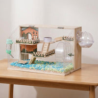 Large Hamster Cage with Wood and Acrylic, Transparent Multi-Level Syrian Habitat for Indoor Use, Luxury Rectangular Dwarf Acrylic Hamster Cage