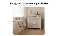 Distressed Finish Louvered Door Console French Country Design Storage Cabinet Retro aesthetic Home Furnishing sturdy Construction for Interior Decorators, Homeowners, Adults, Bedroom, Living Room, Entryway, Kitchen