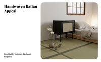 Japanese Aesthetic Rattan Door Cabinet Nordic Design Woven-Front End Table Small Footprint Nightstand Minimalist Aesthetic for Apartment Dwellers, Homeowners, Interior Decorators, Next to Bed, Bay Window Area, Living Room, Entryway