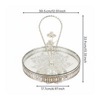 Multi-Purpose Ornate Silver Fruit Plate with Handle Stable Base Single Tier Serving Stand European Design Mirrored Dessert Tray for Banquet, Hotel, Wedding, Living Room