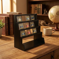 Black Wooden Card Display Rack 4-Tier Tiered Card Stand Angled unobstructedFrame Display Rack Rectangular Base