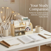 Desktop Book Stand Organizer with Drawer and Pen Holder, Desk Storage for Office Supplies, Large Table Top with Compartments for Students