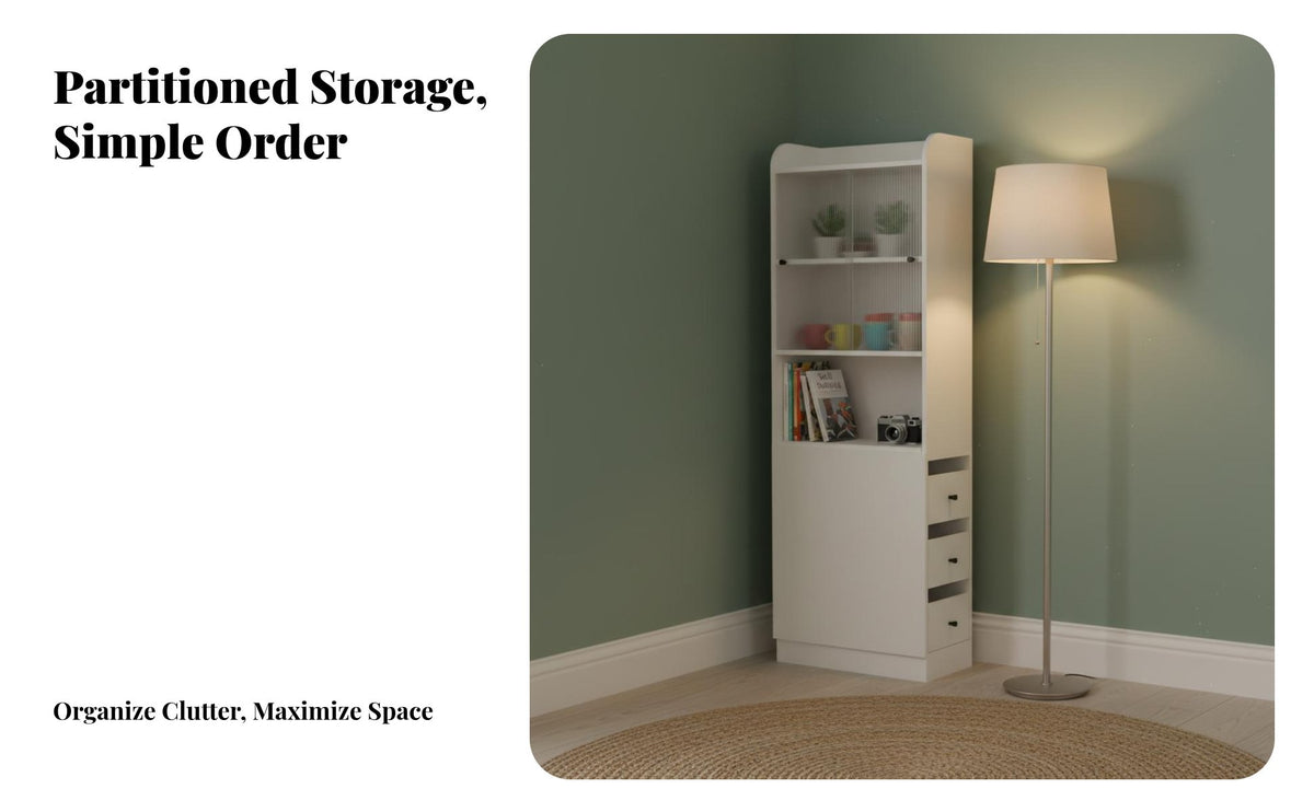 debris-proofResistant Tall Narrow Cabinet with Sliding Doors Space-Saving Tall Storage unit with Doors Bottom Drawer storage cabinet Modern Design for Book Lovers, Apartment Dwellers, Professionals, Living Room, Study, Bedroom