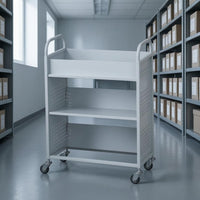 Open-Shelf Shelf Three-Tier Book Trolley Steel Metal Book Trolley Wheeled Rectangular for Libraries, Archives