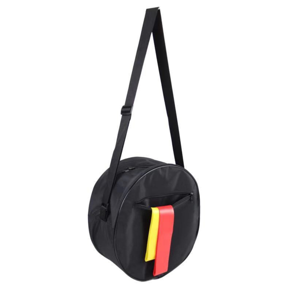 Adjustable Strap Round Shoulder Bag Front Zip Pocket Black Shoulder Bag Soft Textile Round Crossbody Purse Rounded Shape