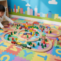 100 Piece Wooden Train Set Educational City Railway Toy Set Connection Townscape Building Blocks for Preschoolers, Young Children