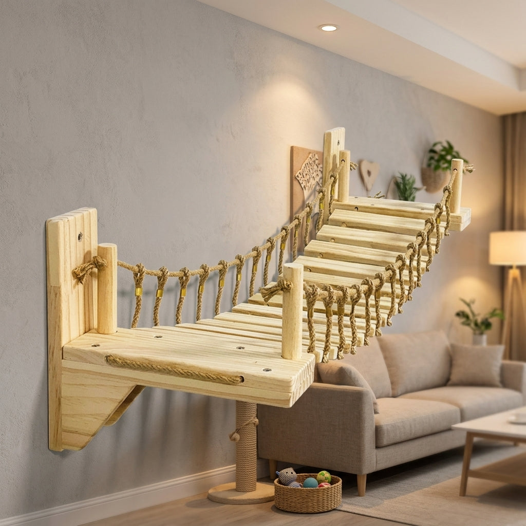 Cat Bridge for Cats with Scratching Surface, Wooden Ladder and Walkway, Wall Mounted Space Saving Indoor Activity for Medium Size Climb Play
