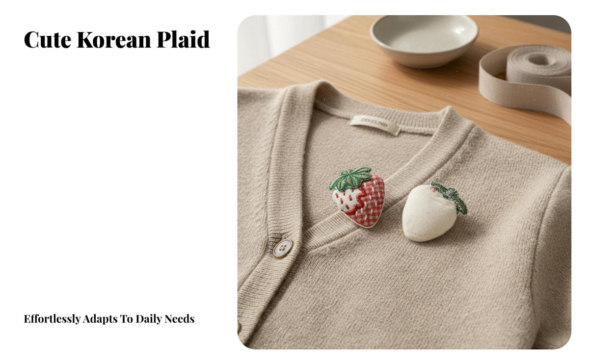 Strawberry Embroidered Embroidery Korean Design Plaid Strawberry Embroidery Charming Design Gingham Mushroom Applique for Teenagers, Bag Decoration