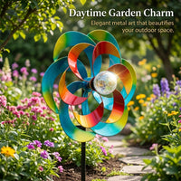 Garden Decorations Outdoor Metal Windmill Stake, Solar Lights Ornaments with Crackle Glass Globe, Wind Spinner for Yard